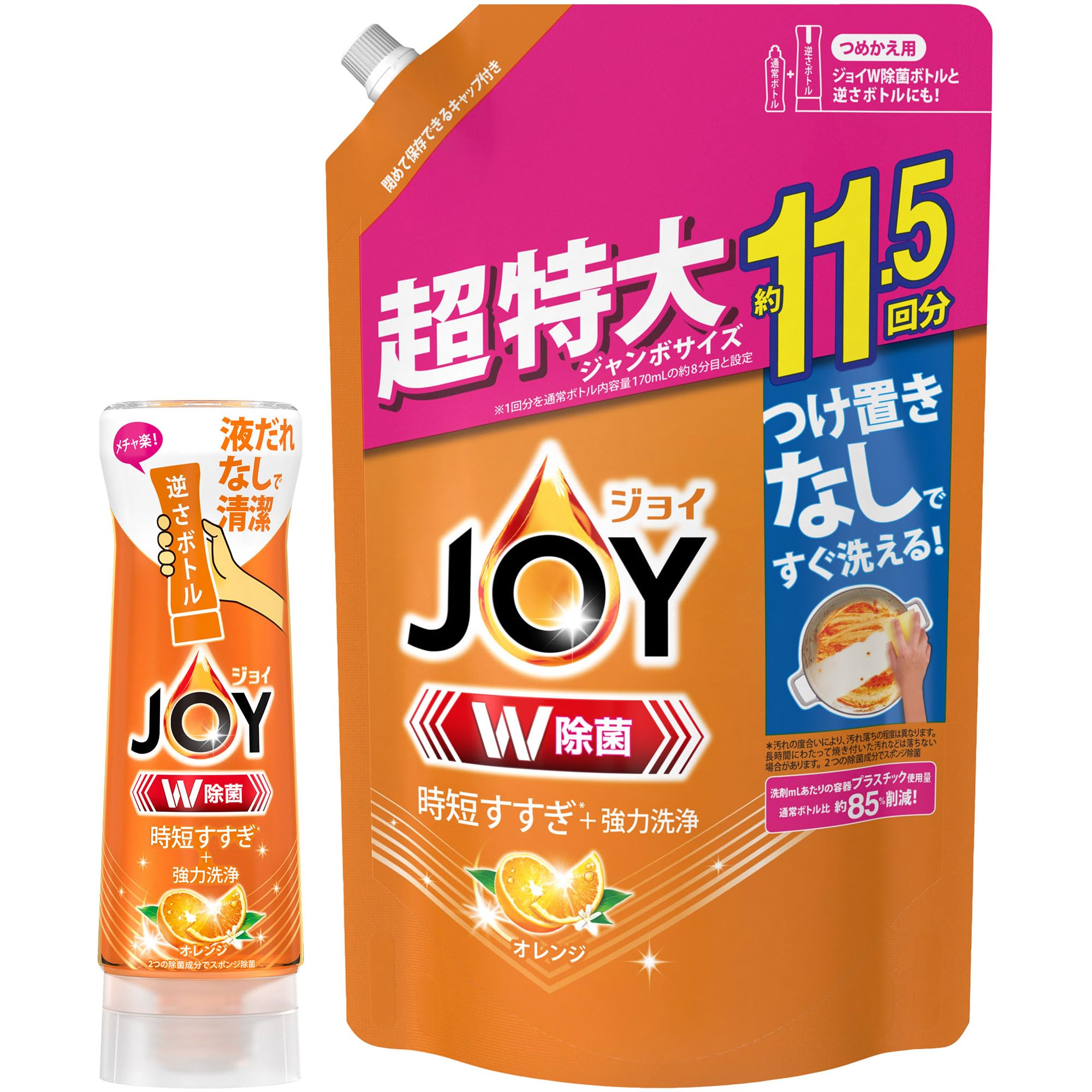 まとめ買い ジョイ W除菌 食器用洗剤 オレンジの香り 逆さボトル 290mL + 詰め替え 超特大ジャンボ 1490mL